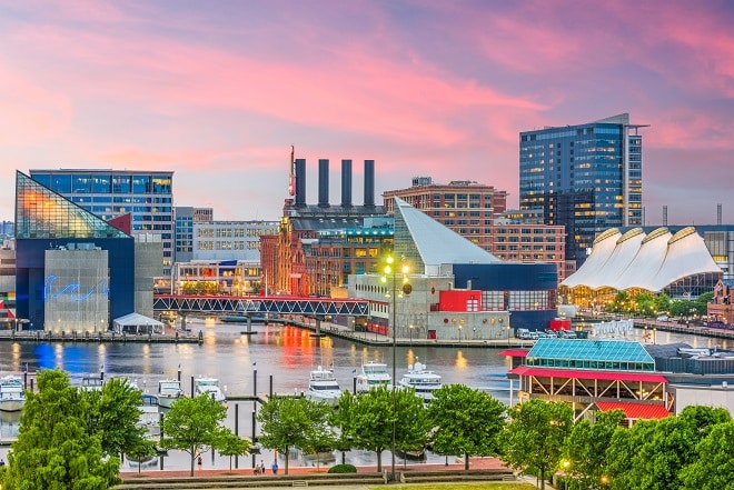 Baltimore, Maryland, USA Skyline over the Inner Harbor at dusk.
